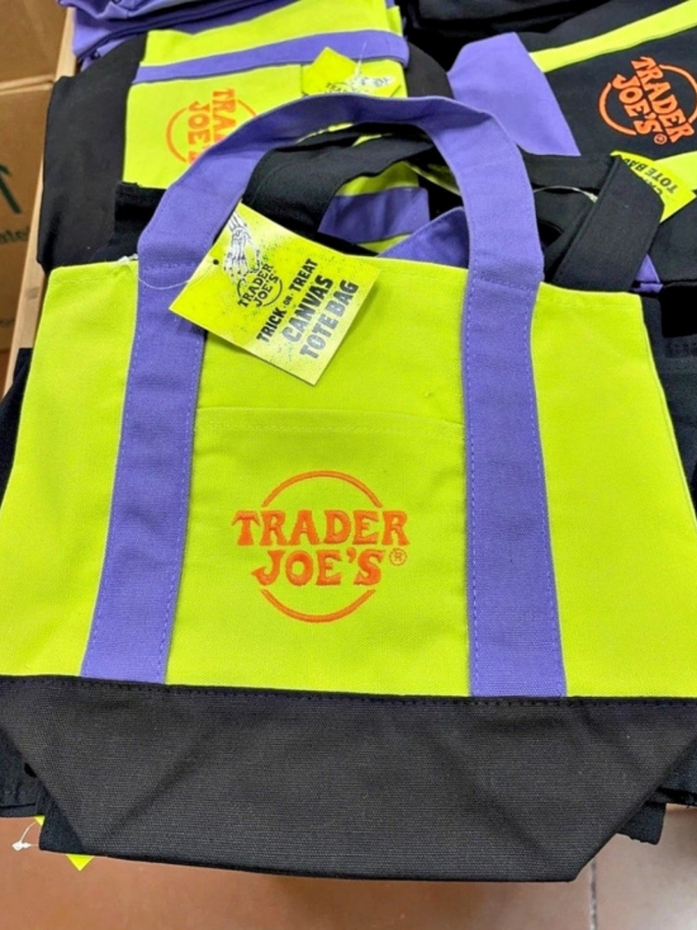 Trader Joe's Trick-or-Treat Mini Canvas Tote Bag Green & Purple NEW COLOR NWT